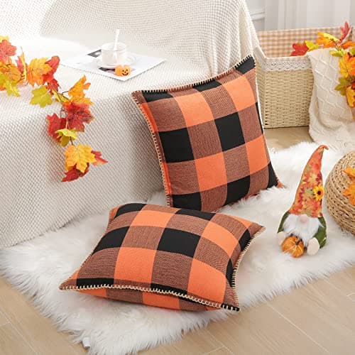 decorUhome Summer Buffalo Plaid Check Throw Pillow Covers 16x16 Set of 2 Outdoor Linen Decorative Farmhouse Gingham Pillow Covers with Stitched Edge for Bed Couch Sofa, Orange and Black - Thumbnail 2