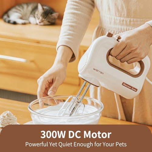 warran 300W Compact Lightweight Electric Hand Mixer, with Powerful Quiet DC Motor for Baking, Cake, Brownies, Cookie Dough, Ideal for Home Kitchen (White) - Thumbnail 5