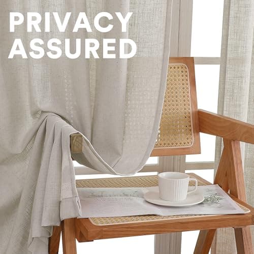 PrinceDeco Light Filtering Curtains 96 Inches Long 2 Panels Long Semi Sheer Linen Blended Window Curtains Back Tab Pocket Boho Rustic Farmhouse Drapes for Living Room Bedroom 52X96, Pale Oak Colored - Thumbnail 6