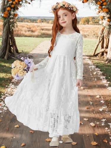 ALLOVIN Toddler & Girls Long Sleeve Lace Flower Girl Dress Maxi Boho A-Line Dress for Wedding Baptism 1st Communion | White | 11-12Y - Thumbnail 3