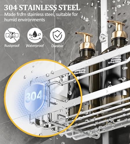 OMAIRA Shower Caddy Hanging with Soap Scrub Holder, Stainless Steel Adjustable No Drilling Non-Slip Large Capacity Sturdy Over Shower Head Shower Organizer Inside Shelves Bathroom Storage Rack, White - Thumbnail 3