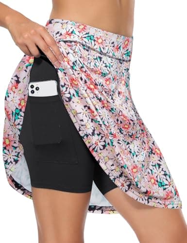 Fulbelle Knee Length Skirts for Women Golf Skorts Tennis Skirt with Shorts Underneath Athletic Skorts with Pockets Pink Flower XL - Image 1