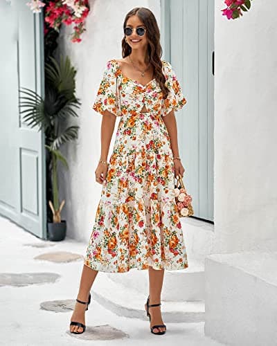 BTFBM Women's Clothing Spring Summer Dresses 2026 Beach Vacation Short Sleeve Smocked Back Boho Casual Floral Maxi Dress(Floral White Orange, XX-Large) - Thumbnail 6