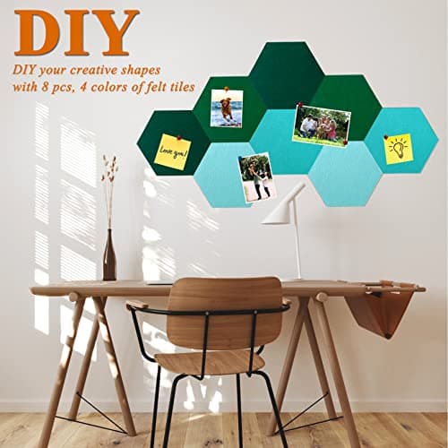 HULAVO 8Pcs Hexagon Felt Cork Board Tiles, Self Adhesive DIY Bulletin Board Pin Board for Office School Home Wall Decor Stickers Memos Photos Display (Gradual Green) - Thumbnail 3