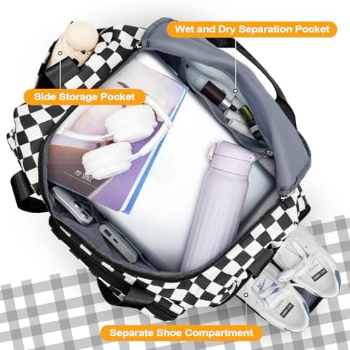 WOOMADA Foldable Travel Duffel Bag for Women, Weekender Bags with Shoes Compartment,Overnight Bag with Wet Pocket & Trolley Sleeve(black&white checkboard) - Thumbnail 4