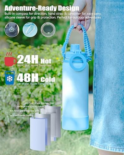 avodvo 32 oz Insulated Water Bottle with 2 Lids (2-in-1 Straw & Spout Lid, Magnetic Lid), Slim Water Bottle with Strap, Stainless Steel Water Bottle for Hiking, Gym, Travel, BPA-Free, Black - Thumbnail 5