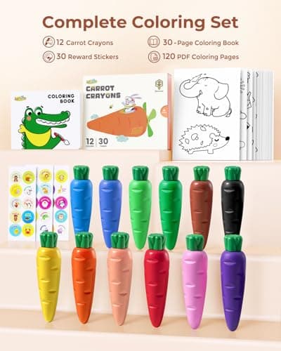 JUPITEARTH Carrot Crayons for Kids 12 Colors, Non Toxic Beeswax Toddler Crayons with 30-Page Coloring Book and 120 PDF Pages, Mess-Free Coloring for Kids Art Supplies Gift - Thumbnail 4
