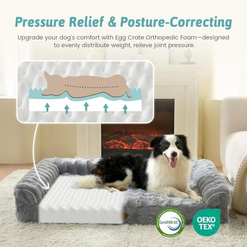 Faux Fur Orthopedic Dog Bed, Super Soft Large Dog Bed, Supportive Foam Bolster Pet Sofa with Waterproof Lining Cover, Washable U-Shaped Pet Couch with Anti-Slip Bottom Design, Grey XL 42x30x7 inch - Thumbnail 2