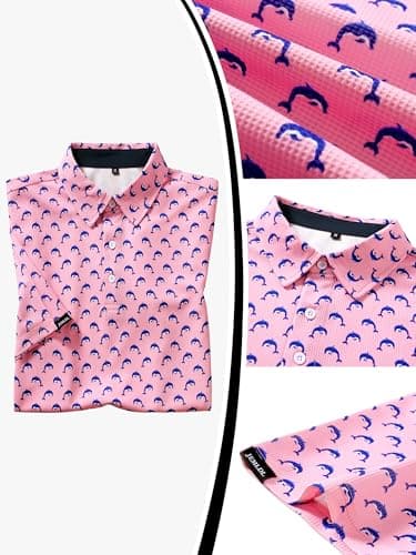 JEMLDL Golf Polo Shirts for Men Dry Fit Summer Short Sleeve Performance Moisture Wicking Casual Printed Collared Polo Shirt Pink Dolphin Ocean XL - Thumbnail 2