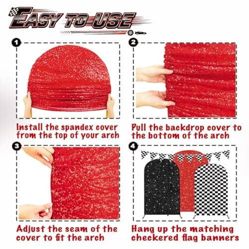 3PCS Arch Backdrop Cover Set (4,5,6FT) for Monster Truck Car Birthday Party Decorations, Boys Race Car Theme Background with Checkered Arch Covers - Thumbnail 4