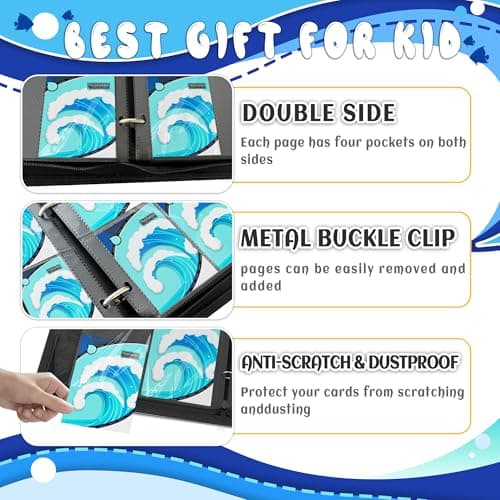 Trading Card Binder 4 Pocket,Card Binder 400 Pockets,Card Book Holder Cards with 50 Removable Sleeves,3-Ring Zip Design MTG/TCG/Sport Collectible Trading Card Albums Gifts for Boys and Girls(Water) - Thumbnail 5