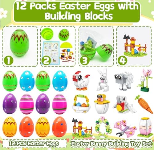 3.5"Prefilled Easter Eggs with Easter Bunny Building Blocks Toy Set - 12 in 1 Rabbit Building Kit, Easter Basket Stuffer Egg Hunt Party Favors Classroom Prizes Filled Easter Egg Gift for Kids Boy Girl - Thumbnail 4