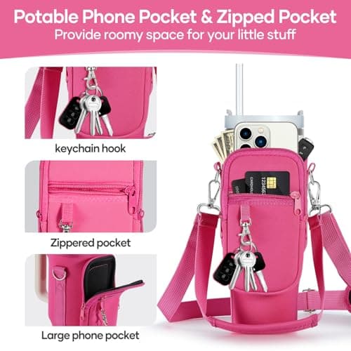 linmaya Water Bottle Carrier Bag for Stanley Cup 40/30oz with Phone Holder Pockets,Neoprene Water Bottle Cross-body Bag with Adjustable Shoulder & Hand Strap Stanley Cup Accessories - Thumbnail 4