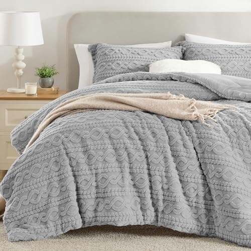 Homelike Moment Fluffy King Size Comforter Set, Grey Sherpa Fleece Marshmallow Comforter King Size, Luxury Fuzzy Warm Bed Set for Winter 3 Piece - Image 1