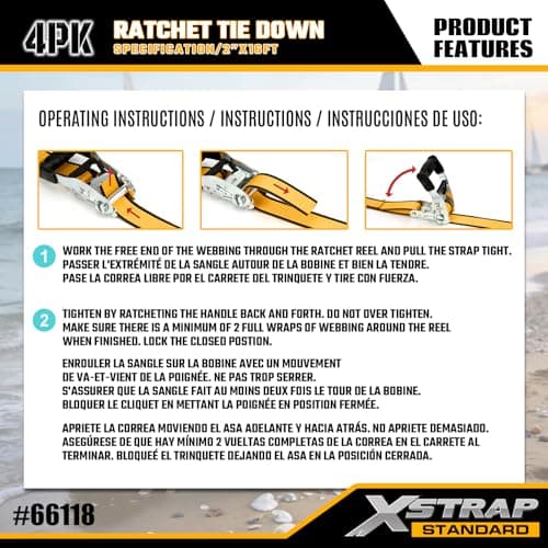 XSTRAP 4 Pack Ratchet Straps 1.5" x 16ft 3,300lbs Break Strength Tie Down Straps, Ergonomic Handle with Double J Hooks & Ammo Storage Box for Truck, Trailers, Motorcycle, ATV & Boat (Yellow) - Thumbnail 6