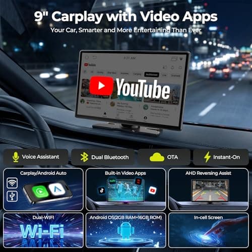 LAMTTO 9" Wireless CarPlay Screen with Net-Flix YouTube Apps Portable Car Play Screen for Apple Carplay and Android Auto with Backup Camera Navigation Bluetooth Voice Control AUX Siri - Thumbnail 2