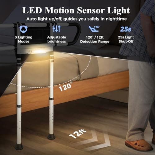 KUBYA Bed Rails for Elderly Adults Safety, Adjustable Bed Assist Rail for Seniors with Motion-Activated LED Light - 400 lbs Heavy Duty, Easy to Install, Fits 14.0"-20.3" Bed Frames - Thumbnail 5