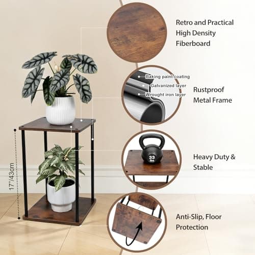 Vigordream Plant Stand Indoor Outdoor 2 Tier Metal Plant Shelf Tall Pedestal Stand Flower Pot Stands Multiple Planter Support Rack for Corner Living Room, Balcony, Garden Patio (Retro Brown, 17 INCH) - Thumbnail 2
