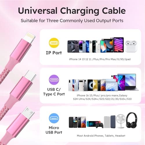 USB A + USB C Multi Charging Cable 4ft 2Pack 3 in 1 Charger Cord, Multiple Nylon Braided Cable USB Charging Cable Multi Phone Charger Cord with Type C Micro Lightning USB Connectors for Cell Phones - Thumbnail 4