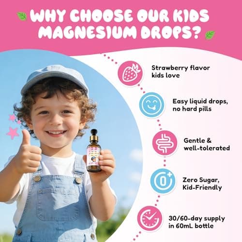 Liquid Magnesium Complex for Kids: Magnesium Glycinate Drops with Citrate Taurate Vitamin D3 B6 Ca Zinc Algal Oil Supports Calm Sleep Focus Immune Bone Health for Children, Non-GMO Strawberry Flavor - Thumbnail 6