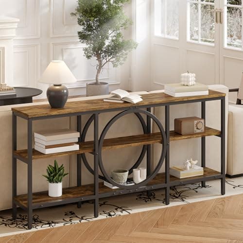 Tarnorci Black Entryway Table, 66.9‘’ Modern Farmhouse Decor Console Table Antique Furniture 3-Tier Living Room Storage Cabinet (Vintage Brown+Black) - Thumbnail 3