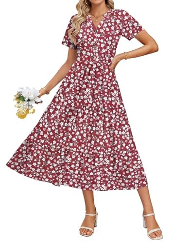 MOLERANI Women Casual Summer Midi Dress Button Short Sleeve Tiered Flowy Swing A Line Dresses with Pockets Floral Church 2026,RD S Floral,L - Image 1