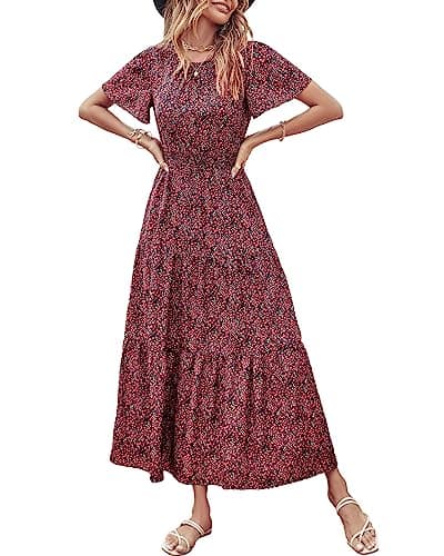 PRETTYGARDEN Women's Summer Casual Short Flutter Sleeve Round Neck Smocked Waist Tiered Boho Floral Flowy Maxi Dress(Floral Black and Red,Medium) - Image 1