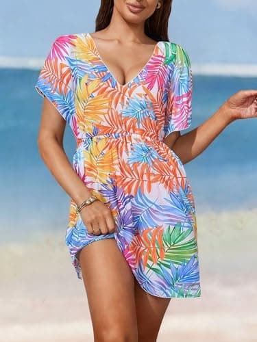 Women's Tropical Leaf Print V-Neck Beach Swim Cover-Up – Short Sleeve Loose Fit (Tropical Multicolor, XXL) - Thumbnail 5