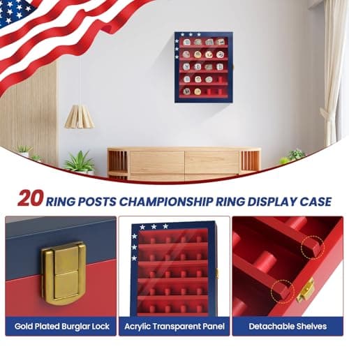 JWHOO Championship Ring Display Case - 20 Ring Posts Baseball Ring Holder, Softball Ring Display Case with LED Light, Wall Mount Wooden Shadow Box for Display Sports Champion Rings - Red & Blue - Thumbnail 2