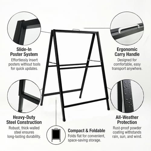 LANGTUKEE Heavy Duty A Frame Sign 24x36 inch - Double Sided Slide-in Metal Sandwich Board for Outdoor Sidewalk Business Advertising, Black Folding Pavement Display Stand, Frame Only - Thumbnail 4