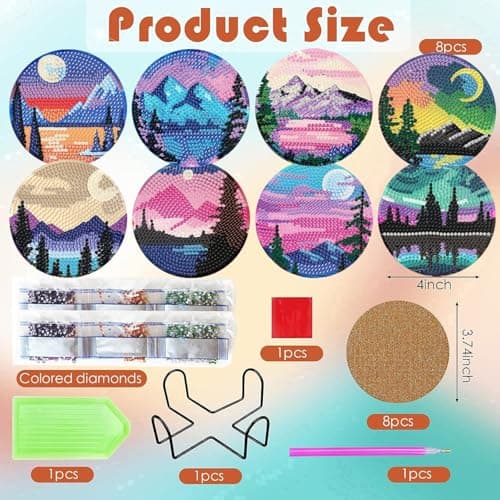 ijbnhd Sunsets Diamond Painting Coasters Kits, 8 Pieces Sunsets Diamond Art Coasters with Holder, DIY Art kit for Beginners 4X4inch (Cork Wooden Pad) - Thumbnail 3
