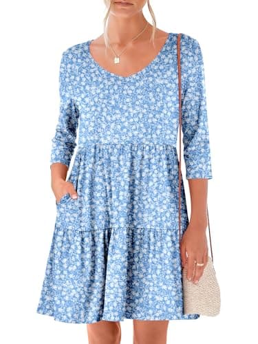 ANRABESS Women's 3/4 Sleeve Mini Dresses Summer Casual V Neck Flowy Tiered Floral Boho A-line 2026 Beach Vacation Short Dress - Image 1