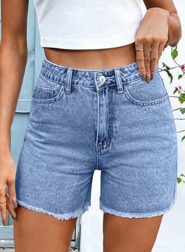 Pink Queen High Waisted Denim Shorts for Women 2026 Casual Star/Bow Frayed Hem Summer Hot Short Jeans with Pockets Light Blue XL - Thumbnail 3