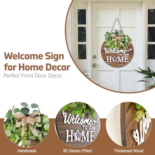 Interchangeable Seasonal Welcome Sign Front Door, Rustic Round Wood Wreaths Wall Hanging Outdoor Decor, Farmhouse, Porch, for Spring Summer Fall All Seasons Holiday Home Decor (Brown) - Thumbnail 2