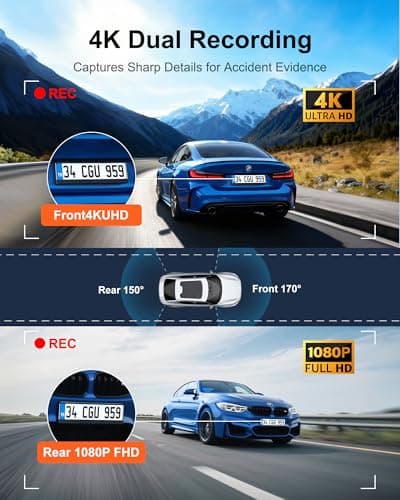 4K Dash Cam Front Rear, Dual Dash Camera for Cars Built in 5GHz/2.4GHz WiFi GPS Dashcam with G-Sensor 24H Parking Monitor Loop Recording WDR Night Vision 170° View Angle APP Control Free 64GB SD Card - Thumbnail 2