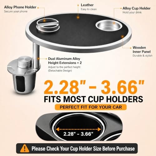 Car Food Tray & Car Table Tray with Car-Grade Aluminum Cup Holder & Phone Stand, Premium Wood with Leather Surface, 360° Rotating Car Desk for Laptop &Eating (Round, Black) - Thumbnail 4