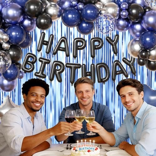 Navy Blue and Black Birthday Decorations for Men, Metallic Navy Blue Black Silver Foil Confetti Balloons Happy Birthday Banner Fringe Curtains Birthday Decorations for Boy Girls Women Men - Thumbnail 5