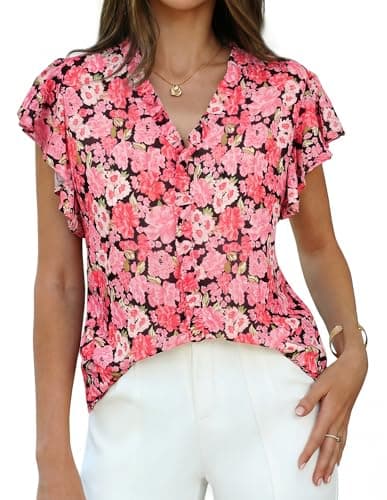 GRACE KARIN 2026 Boho Tops for Women Dressy Casual,Ruffle Sleeve Chiffon Blouses,V Neck Summer Fashion Clothes Pink Rose XXL - Image 1