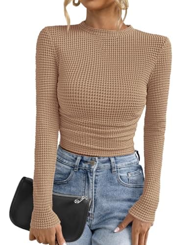 PRETTYGARDEN Womens Tops 2026 Spring Long Sleeve Fitted T Shirts Waffle Ruched Crop Shirt Basic Knit Workout Y2k Clothes(Khaki,XX-Large) - Image 1