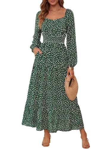 BTFBM Long Sleeve Dress for Women 2026 Spring Fall Boho Floral Square Neck Casual Flowy Long Wedding Guest Maxi Dresses(Polka Dot Green, Large) - Thumbnail 2