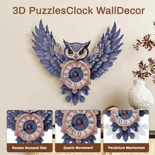 3D Puzzles for Adults Owl Clock Crafts for Adults Wooden Puzzles Home Wall Decor Pendulum Clock with Roman Numerals Gift for DIY - Thumbnail 2