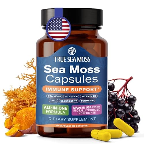 TrueSeaMoss Sea Moss Capsules – Immune Support – Sea Moss, Vitamin C, D3, Elderberry, Zinc, Turmeric, Astragalus – 90 Capsules (45 Servings) - Image 1
