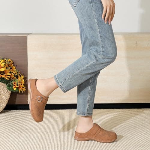 Goldnut Comfortable Clogs for Women with Arch Support - Brown Closed Toe Slip On Mules, All Day Wear Casual Dressy Shoes Size 7 - Thumbnail 3