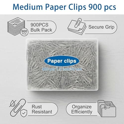 Krvyrn 900 Count Paper Clips, 1.3 Inch (33mm) Standard Size Silver Metal Paper Clips, Rust Resistant for Office School Home - Thumbnail 2