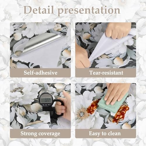 White Wallpaper Peel and Stick, Vintage Grey Peonies Floral Contact Paper 17.5" x 393.7", Retro Self Adhesive Removable Vinyl Waterproof Flower Wallpaper for Bedroom Walls Cabinet Home Decoration - Thumbnail 6