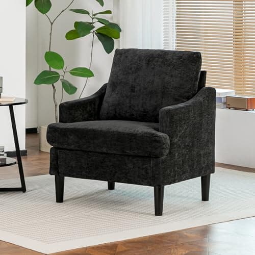XYPFURN Accent Chair for Living Room, Mid Century Modern Reading Chair with Side Storage Pocket, Comfy Upholstered Armchair with Solid Wood Legs for Bedroom, Office, Waiting Room (Black) - Image 1