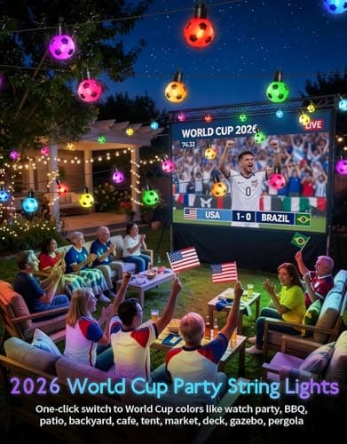 RainbowShow 2026 World Cup Smart Outdoor String Lights - 50ft 15 RGBW LED Bulbs 16 Million Colors App Control Soccer Ball Shaped Patio Lights - Thumbnail 2