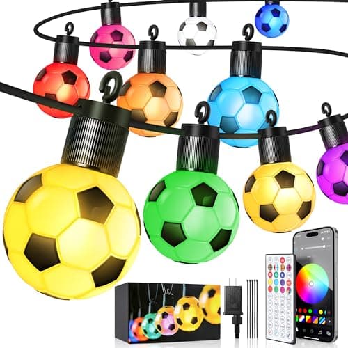 RainbowShow 2026 World Cup Smart Outdoor String Lights - 50ft 15 RGBW LED Bulbs 16 Million Colors App Control Soccer Ball Shaped Patio Lights - Image 1