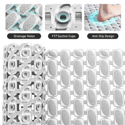 XIYUNTE Shower Mat Non Slip Bath Mat for Tub - 27 X 16 Inch TPE Bathtub Mat Non Slip Shower Mats for Inside Shower, Eco-Friendly Bath Tub Mat with Powerful Suction Cup, Easy to Cut and Dry, Light Grey - Thumbnail 2
