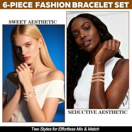 6-Piece 18K Gold Plated Bangle Bracelet Set for Women - Clover, Rivet & Safety Pin Designs, Stackable Trendy Jewelry, Zinc Alloy with Rhinestones, Tarnish & Oxidation Resistant, Gift for Her, Girlfriend, Wife, Mom, Sister, Lover on Birthday, Christmas, Valentine's Day, Mother's Day - Thumbnail 2